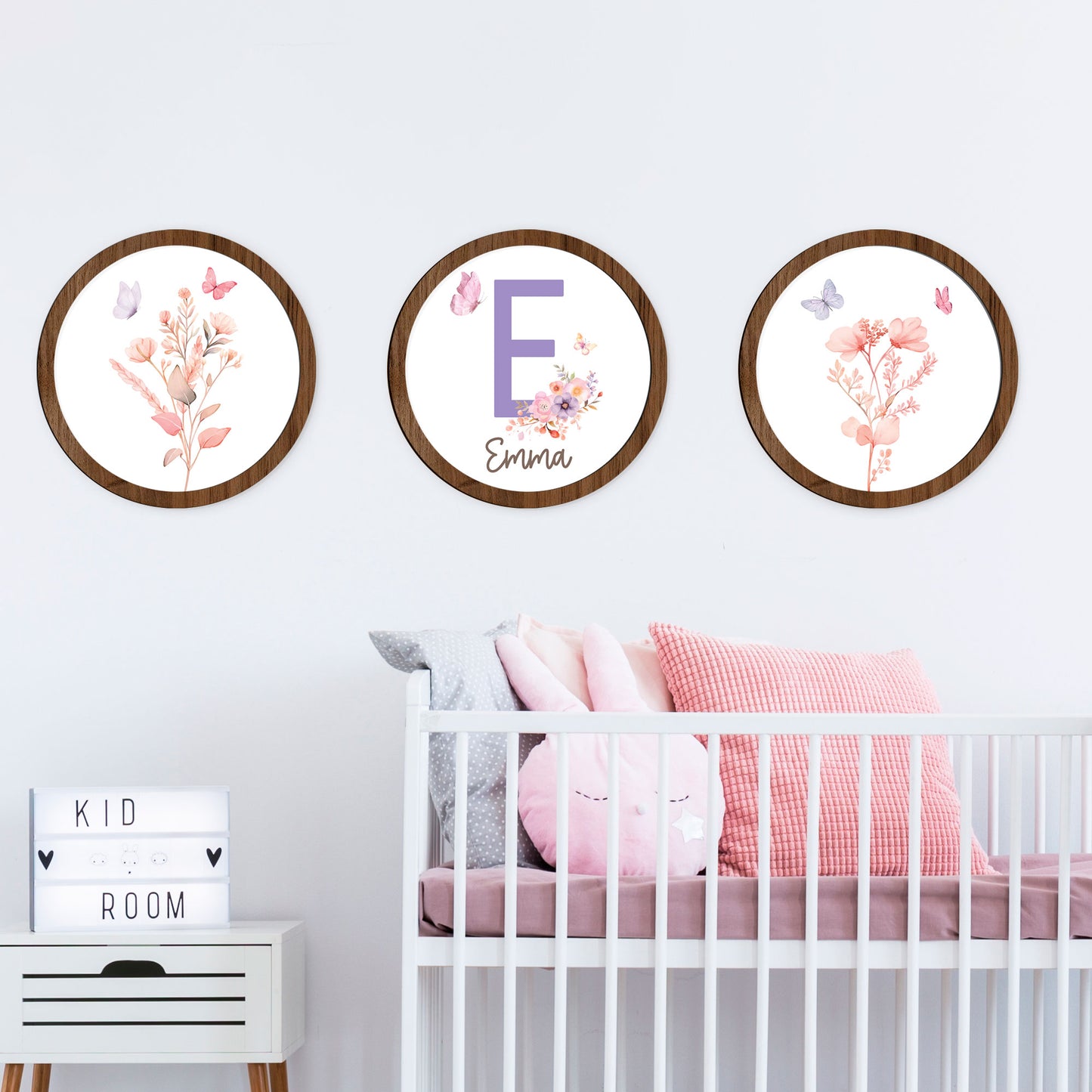 Tríptico mariposas y flores personalizado - Cuadros decorativos para bebés y niños