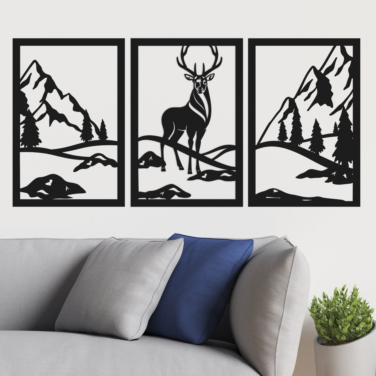 Venado y naturaleza - Cuadros trípticos modernos