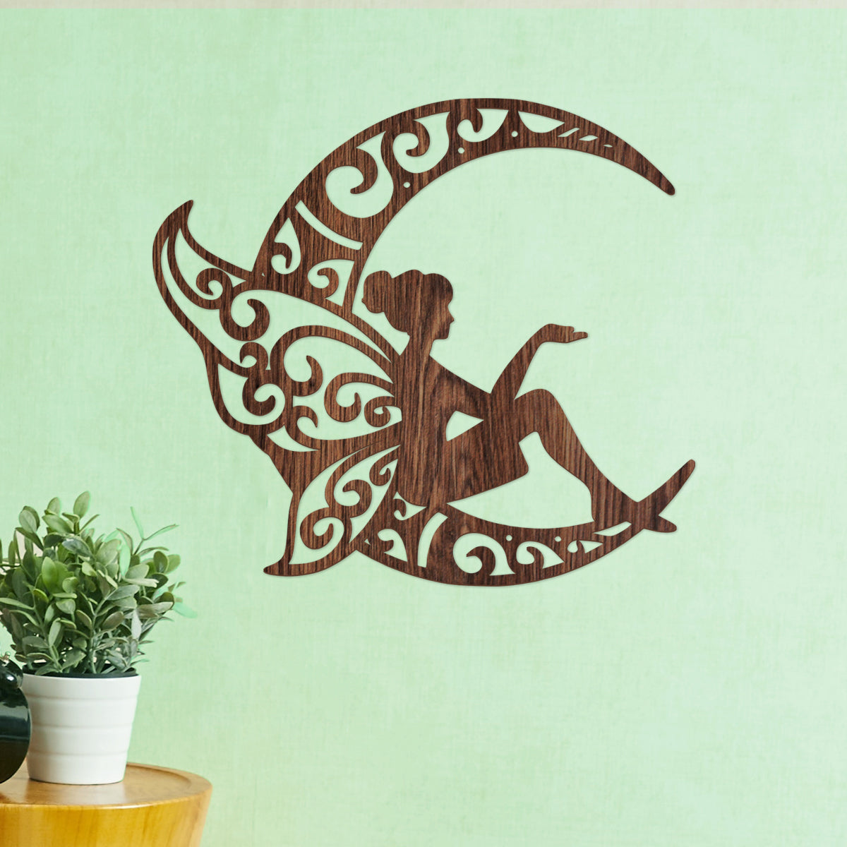 Luna con hada - Figura decorativa en madera