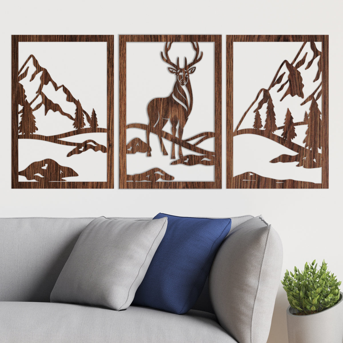 Venado y naturaleza - Cuadros trípticos modernos