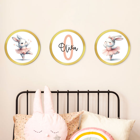 Tríptico conejitas ballet personalizado - Cuadros decorativos para bebés y niños