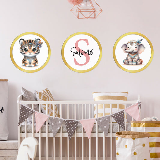 Tríptico animalitos personalizado - Cuadros decorativos para bebés y niños