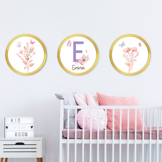 Tríptico mariposas y flores personalizado - Cuadros decorativos para bebés y niños