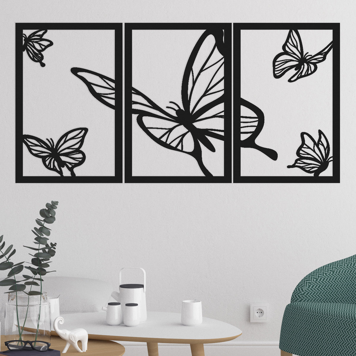Conjunto de 3 cuadros trípticos de líneas con fondo blanco con marco negro  de madera 35x45