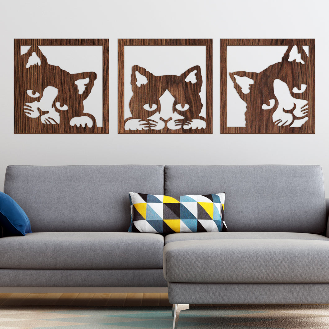 Gatos asomados - Cuadros trípticos modernos